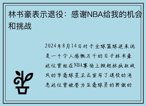 林书豪表示退役：感谢NBA给我的机会和挑战