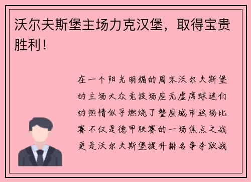 沃尔夫斯堡主场力克汉堡，取得宝贵胜利！