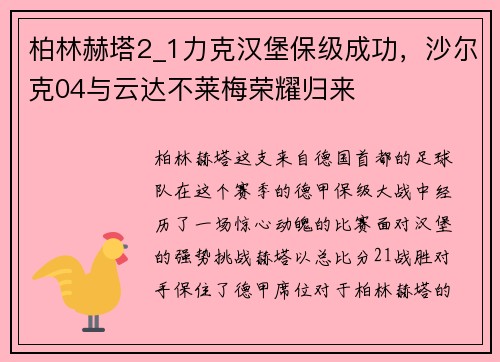 柏林赫塔2_1力克汉堡保级成功，沙尔克04与云达不莱梅荣耀归来