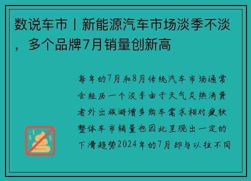 数说车市丨新能源汽车市场淡季不淡，多个品牌7月销量创新高