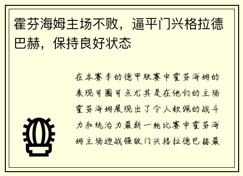 霍芬海姆主场不败，逼平门兴格拉德巴赫，保持良好状态