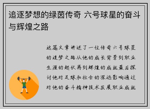 追逐梦想的绿茵传奇 六号球星的奋斗与辉煌之路