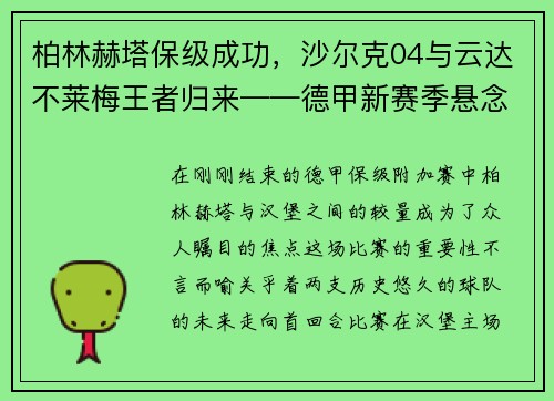 柏林赫塔保级成功，沙尔克04与云达不莱梅王者归来——德甲新赛季悬念丛生